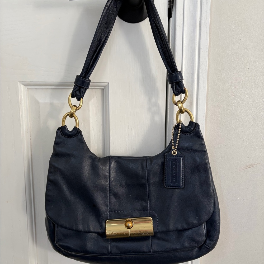 Coach Kristin Leather Shoulder Bag Navy Blue Gold Hardware